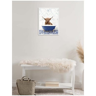 Sylvie Highland Cow in Eclectic Blue Bathtub Framed Canvas by Amy Peterson