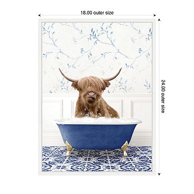 Sylvie Highland Cow in Eclectic Blue Bathtub Framed Canvas by Amy Peterson