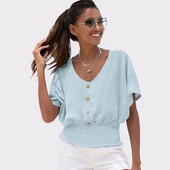 Lascana Women's V-Neck Smocked Top