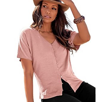 Lascana Women's Button Down V-Neck Top, Rose, Size 0/2