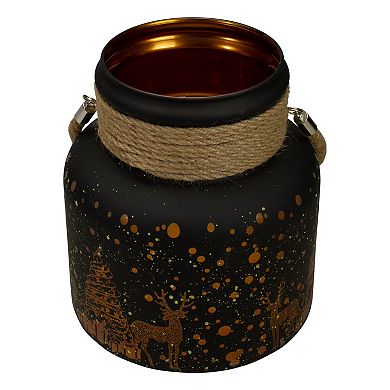 Northlight Flameless Christmas Glass Candle Lantern with Deer & Pine Trees