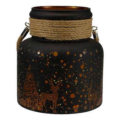 Northlight Flameless Christmas Glass Candle Lantern with Deer & Pine Trees
