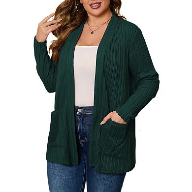 Womens Plus Size Open Front Cardigan Lightweight Long Sleeve Sweaters Coat Outerwear with Pockets