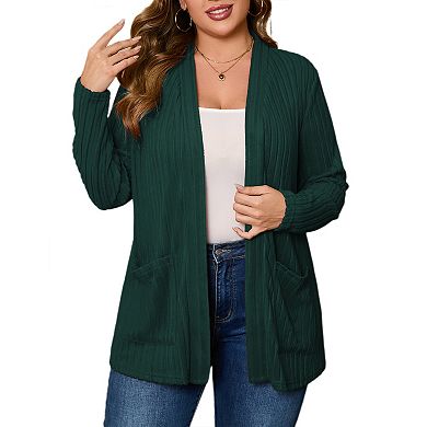 Womens Plus Size Open Front Cardigan Lightweight Long Sleeve Sweaters Coat Outerwear with Pockets