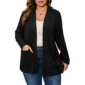 Womens Plus Size Open Front Cardigan Lightweight Long Sleeve Sweaters Coat Outerwear with Pockets