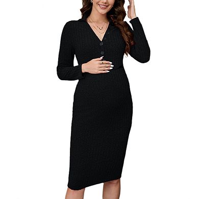Women Maternity Dress Long Sleeve V Neck Slim Fit Bodycon Sweater Midi Dress Photoshoot Baby Shower