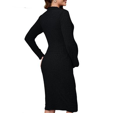 Women Maternity Dress Long Sleeve V Neck Slim Fit Bodycon Sweater Midi Dress Photoshoot Baby Shower