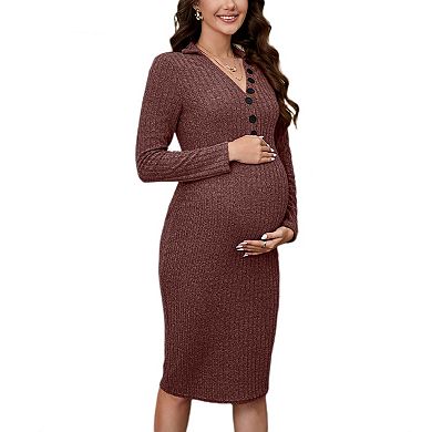Women Maternity Dress Long Sleeve V Neck Slim Fit Bodycon Sweater Midi Dress Photoshoot Baby Shower