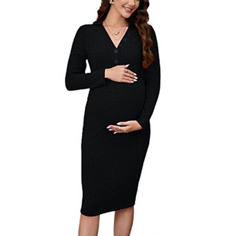 Women Maternity Dress Long Sleeve V Neck Slim Fit Bodycon Sweater Midi Dress Photoshoot Baby Shower