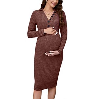 Women Maternity Dress Long Sleeve V Neck Slim Fit Bodycon Sweater Midi Dress Photoshoot Baby Shower
