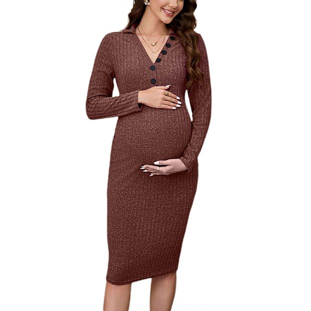 sachin and babi light blue dress Women's 2025 Maternity Dress Long Sleeve V Neck Midi Dress Slim Fit Bodycon Sweater Dress for Photoshoot Baby Shower Wine Red L