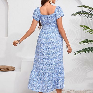 Maternity Square Neck Flutter Sleeve Summer Smocked Midi Dress for Baby Shower
