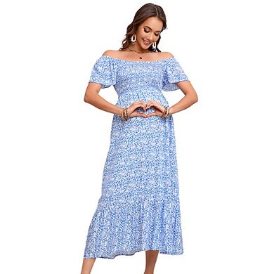 Maternity Square Neck Flutter Sleeve Summer Smocked Midi Dress for Baby Shower