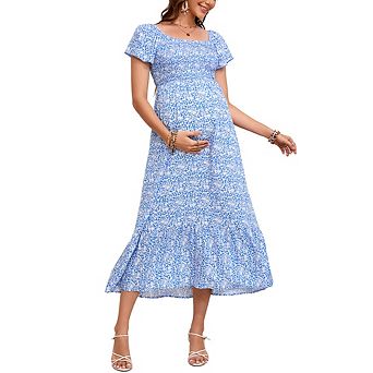 Maternity Square Neck Dress Flutter Sleeve Summer Smocked Midi Dress for Baby Shower Photoshoot