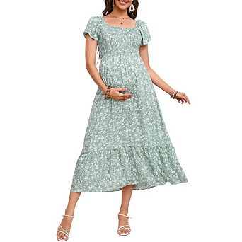 Maternity Square Neck Flutter Sleeve Summer Smocked Midi Dress for Baby Shower