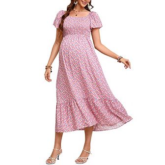 Maternity Square Neck Flutter Sleeve Summer Smocked Midi Dress for Baby Shower