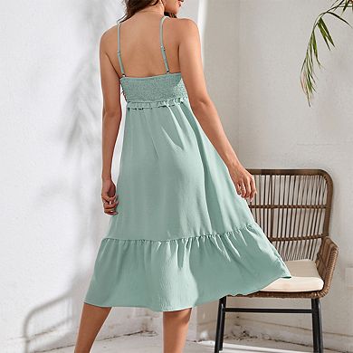Women's Maternity Summer Sleeveless Smocked Casual Spaghetti Strap Flowy Maxi Dress