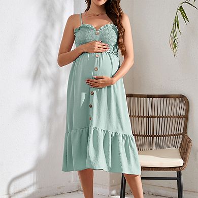 Women's Maternity Summer Sleeveless Smocked Casual Spaghetti Strap Flowy Maxi Dress