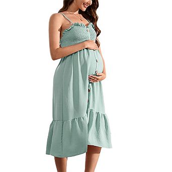 Women's Maternity Summer Sleeveless Smocked Casual Spaghetti Strap Flowy Maxi Dress