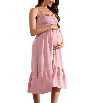 Women's Maternity Summer Sleeveless Smocked Casual Spaghetti Strap Flowy Maxi Dress