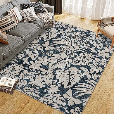 Area Rug Botanical Floral Leaf Printed Accent Carpet with Non-Slip Backing Stain-Resistant Indoor