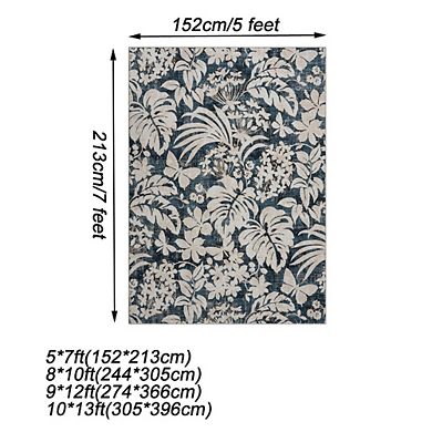 Area Rug Botanical Floral Leaf Printed Accent Carpet with Non-Slip Backing Stain-Resistant Indoor