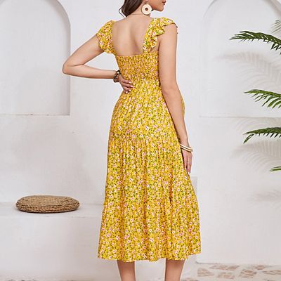Women's Square Neck Smocked Maternity Dress Flutter Sleeve Summer Maxi  Sundress