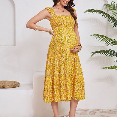 Women's Square Neck Smocked Maternity Flutter Sleeve Summer Maxi Dress