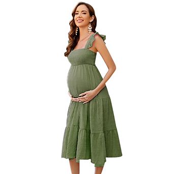 Women's Square Neck Smocked Maternity Flutter Sleeve Summer Maxi Dress
