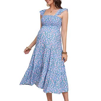 Women's Square Neck Smocked Maternity Dress Flutter Sleeve Summer Maxi Sundress