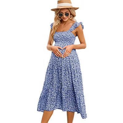 Women's Square Neck Smocked Maternity Dress Flutter Sleeve Summer Maxi  Sundress