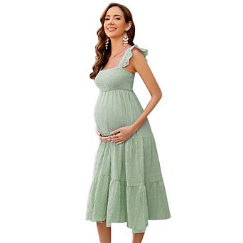Women's Square Neck Smocked Maternity Dress Flutter Sleeve Summer Maxi Sundress