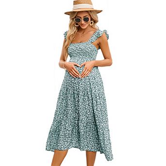 Women's Square Neck Smocked Maternity Flutter Sleeve Summer Maxi Dress