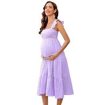 Women's Square Neck Smocked Maternity Flutter Sleeve Summer Maxi Dress