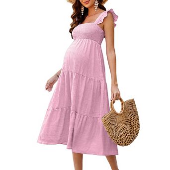 Women's Square Neck Smocked Maternity Flutter Sleeve Summer Maxi Dress