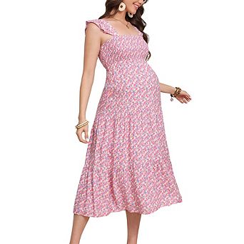 Women's Square Neck Smocked Maternity Flutter Sleeve Summer Maxi Dress
