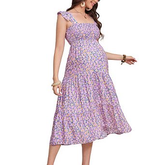 Women's Square Neck Smocked Maternity Flutter Sleeve Summer Maxi Dress
