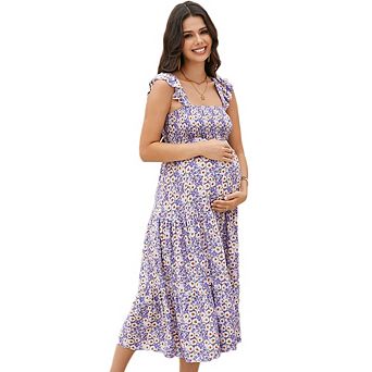 Women's Square Neck Smocked Maternity Dress Flutter Sleeve Summer Maxi Sundress