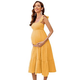 Women's Square Neck Smocked Maternity Flutter Sleeve Summer Maxi Dress