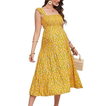 Women's Square Neck Smocked Maternity Dress Flutter Sleeve Summer Maxi Sundress
