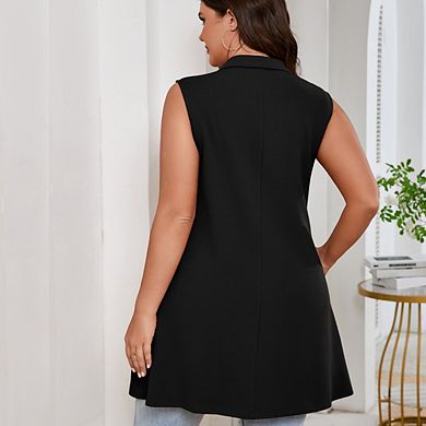 Women's Plus Size Sleeveless Blazer Lapel Single Button Casual Work Office Jacket Vests