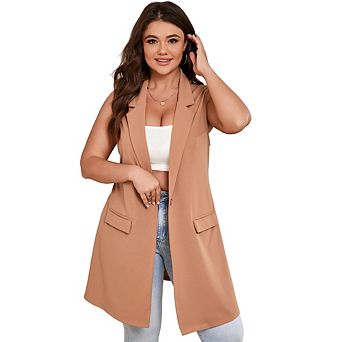 Women's Plus Size Sleeveless Blazer Lapel Single Button Casual Work Office Jacket Vests