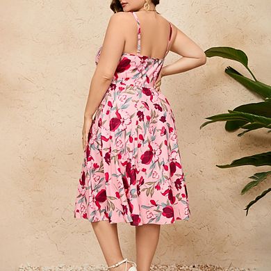 Womens Plus Size Summer Dress V Neck Floral Spaghetti Strap Sundress Button Down Boho Midi Dress
