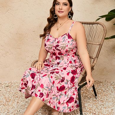 Womens Plus Size Summer Dress V Neck Floral Spaghetti Strap Sundress Button Down Boho Midi Dress