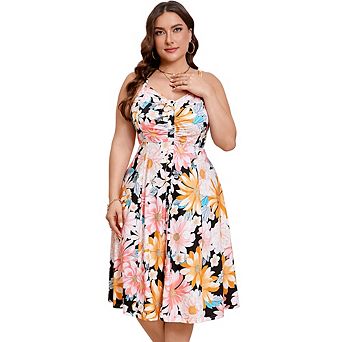 Womens Plus Size Summer Dress V Neck Floral Spaghetti Strap Sundress Button Down Boho Midi Dress