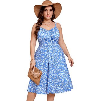 Womens Plus Size Summer Dress V Neck Floral Spaghetti Strap Sundress Button Down Boho Midi Dress