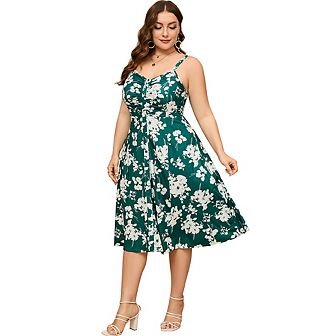 Womens Plus Size Summer Dress V Neck Floral Spaghetti Strap Sundress Button Down Boho Midi Dress