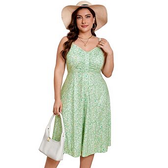 Womens Plus Size Summer Dress V Neck Floral Spaghetti Strap Sundress Button Down Boho Midi Dress