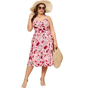 Womens Plus Size Summer Dress V Neck Floral Spaghetti Strap Sundress Button Down Boho Midi Dress