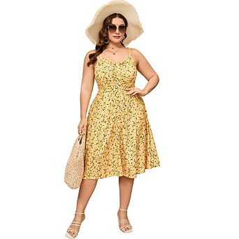 Womens Plus Size Summer Dress V Neck Floral Spaghetti Strap Sundress Button Down Boho Midi Dress